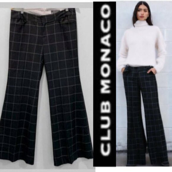 Club Monaco Black Wool Checkered Wide Leg Pants Size 8 TALL - Picture 1 of 15